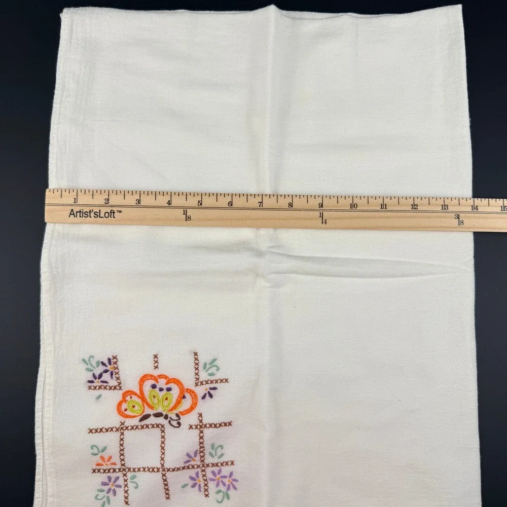 Vtg Hand Embroidered LARGE Butterfly Tea Towels Set of 3‎ White Cotton Floral